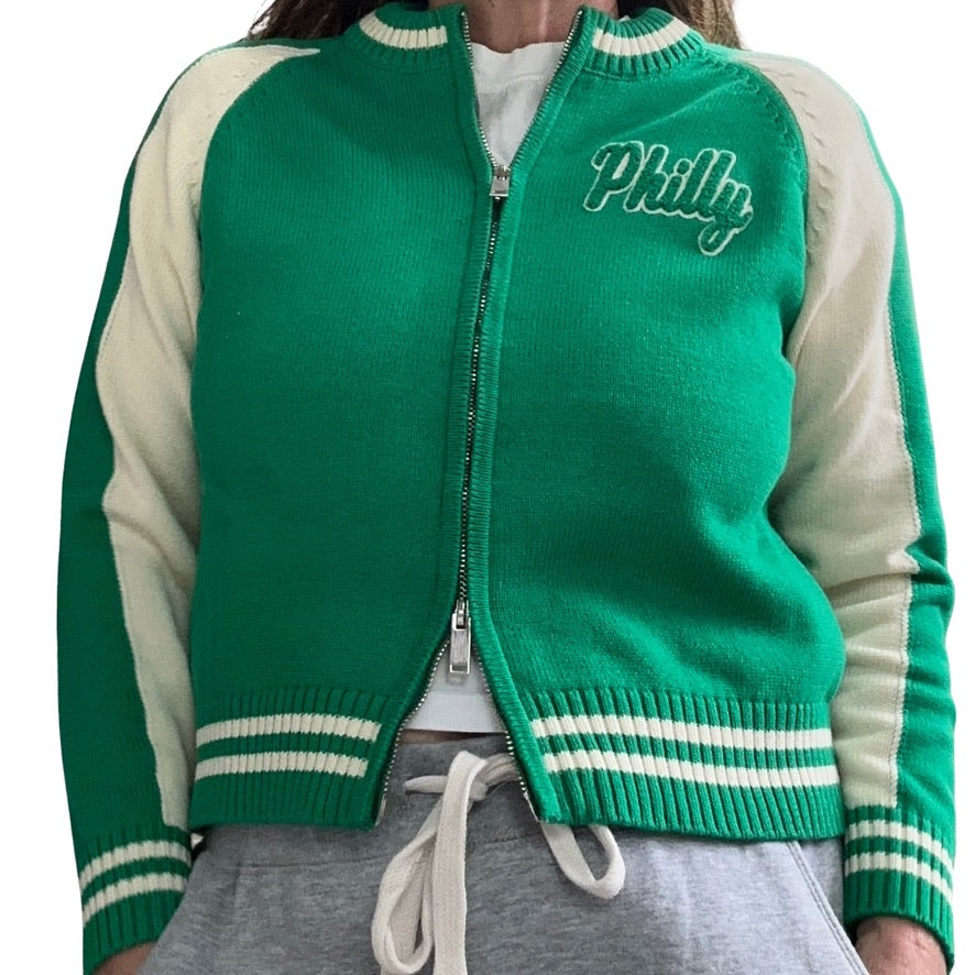 Birds Cropped Zip Front Sweater