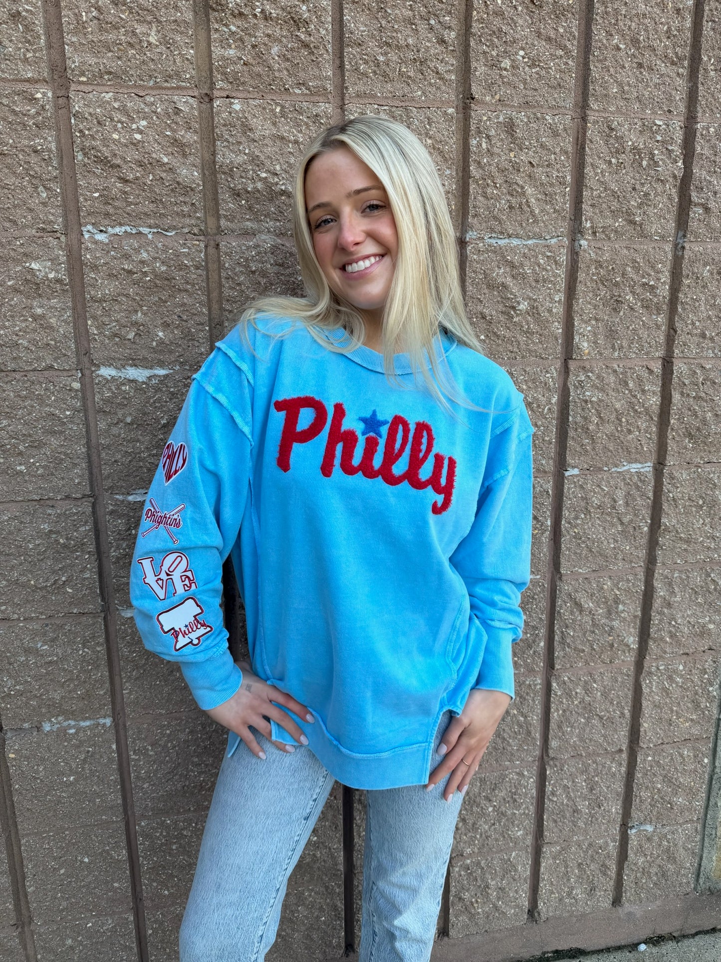 Acid Washed Blue Patch Sleeve Sweatshirt