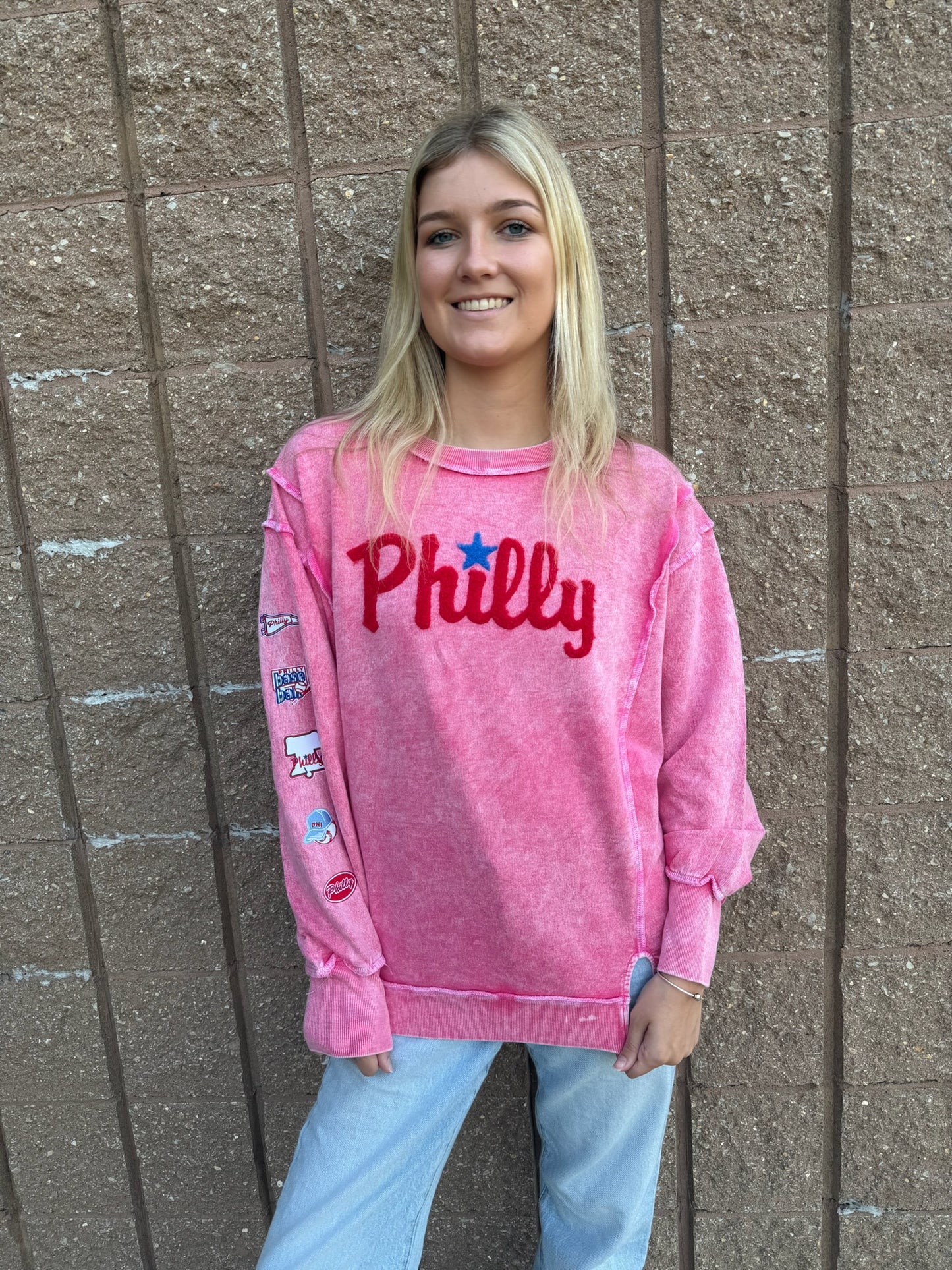 Acid Washed Red Patch Sleeve Sweatshirt